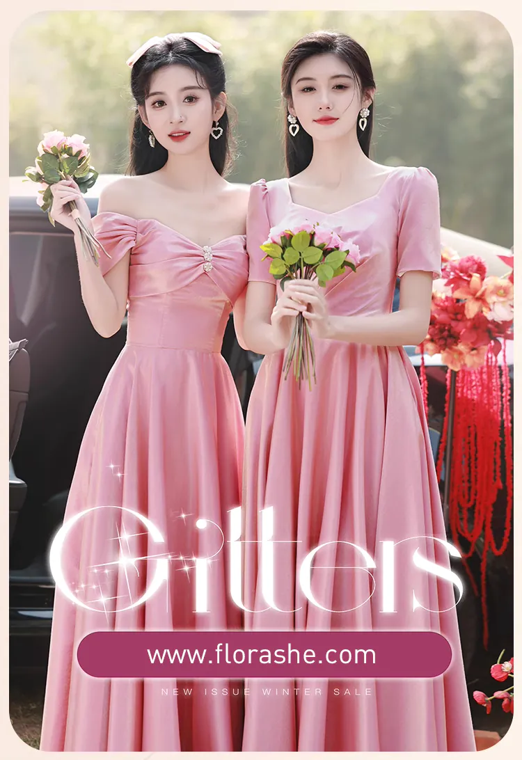 Charming-Pink-Satin-Bridesmaid-Dress-Short-Sleeve-Prom-Evening-Gown11