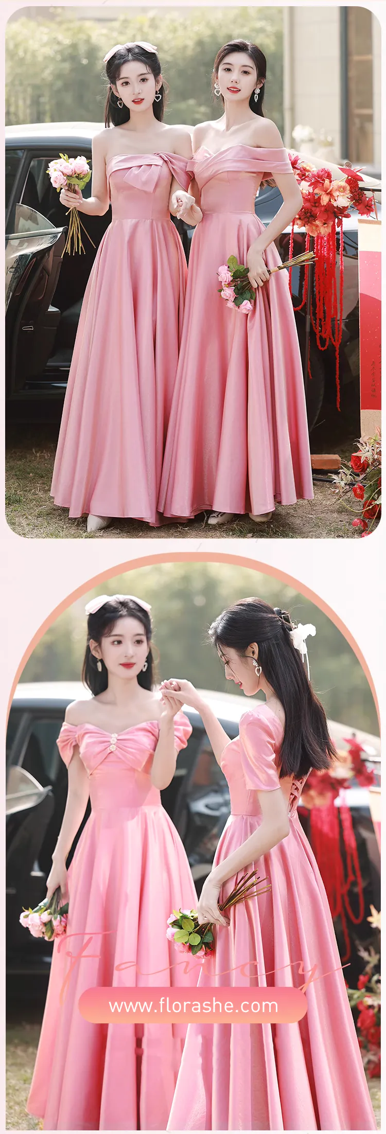 Charming-Pink-Satin-Bridesmaid-Dress-Short-Sleeve-Prom-Evening-Gown12