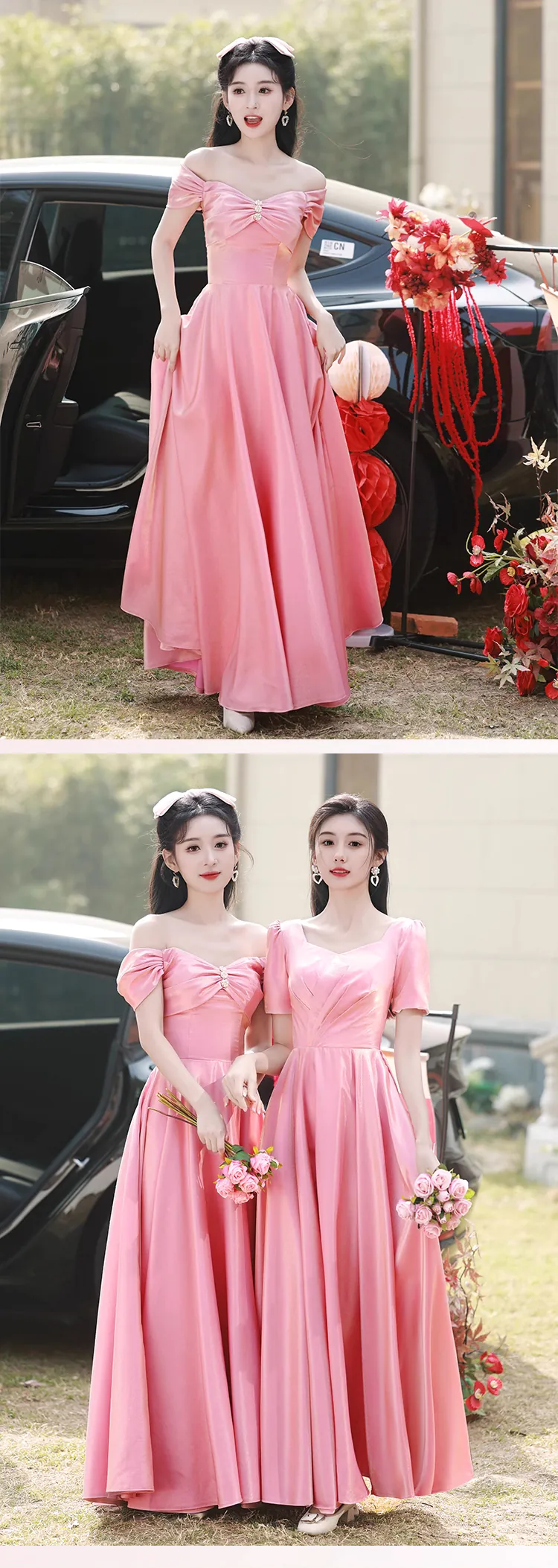 Charming-Pink-Satin-Bridesmaid-Dress-Short-Sleeve-Prom-Evening-Gown17