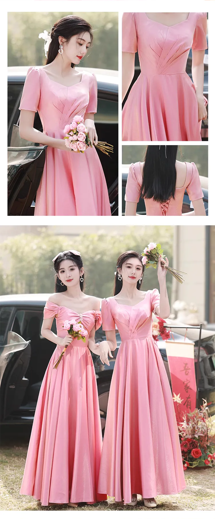 Charming-Pink-Satin-Bridesmaid-Dress-Short-Sleeve-Prom-Evening-Gown20