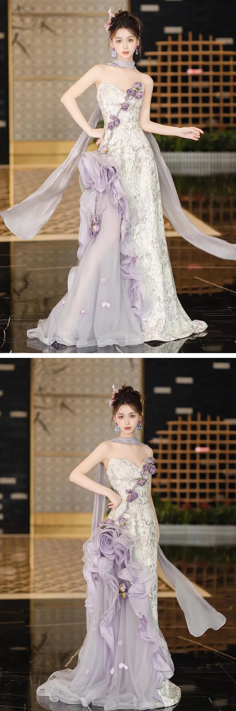 Chic-Soft-Lavender-3D-Floral-Strapless-Formal-Dress-Evening-Ball-Gown13