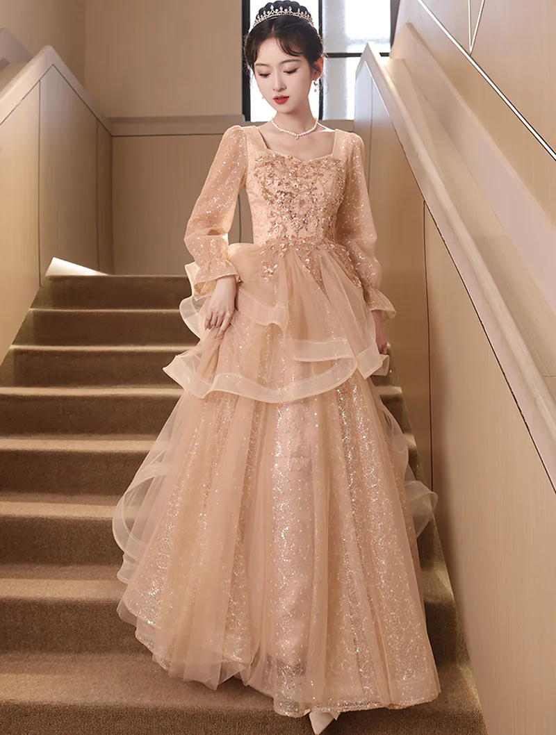 Classy Elegant Khaki Long Sleeve Formal Party Dress Aesthetic Ball Gown01