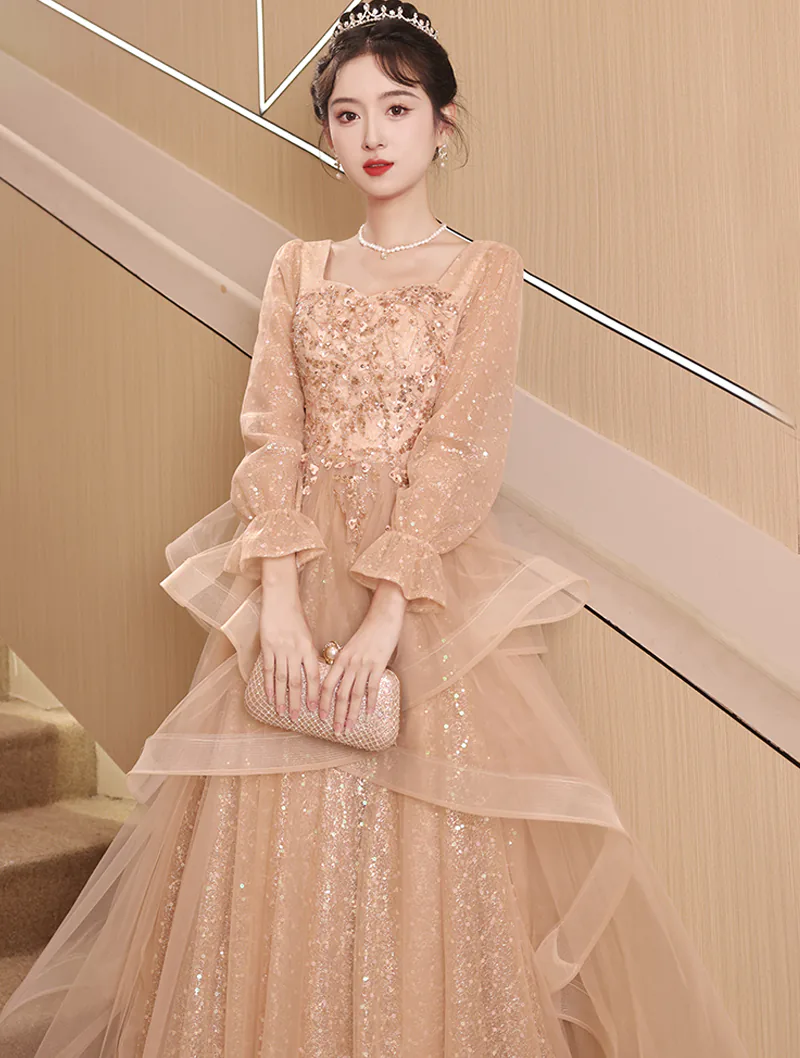 Classy Elegant Khaki Long Sleeve Formal Party Dress Aesthetic Ball Gown02