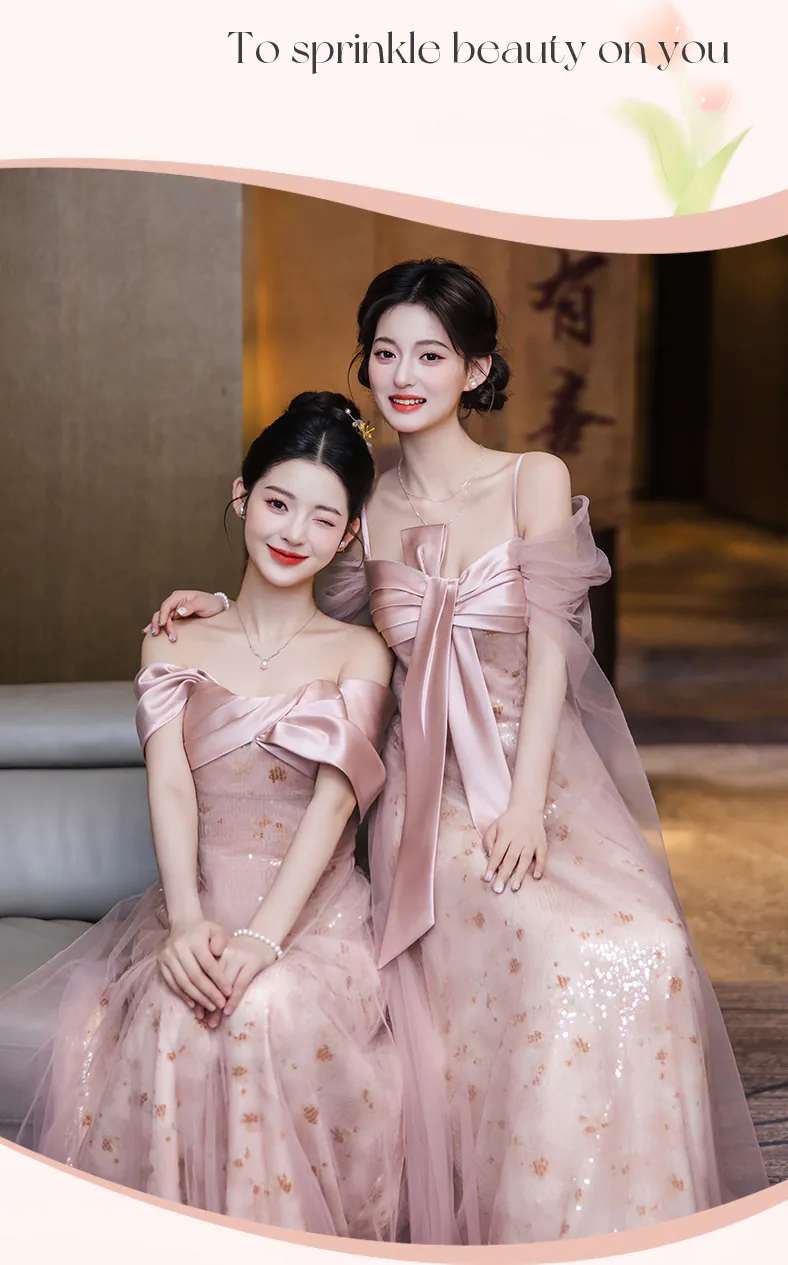 Dreamy A Line Blush Pink Tulle Glitter Bridesmaid Dress Wedding Party Gown13
