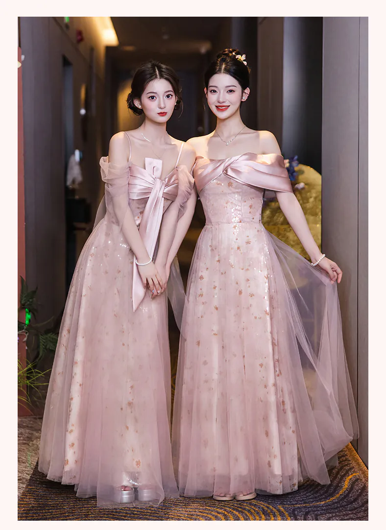 Dreamy A Line Blush Pink Tulle Glitter Bridesmaid Dress Wedding Party Gown17