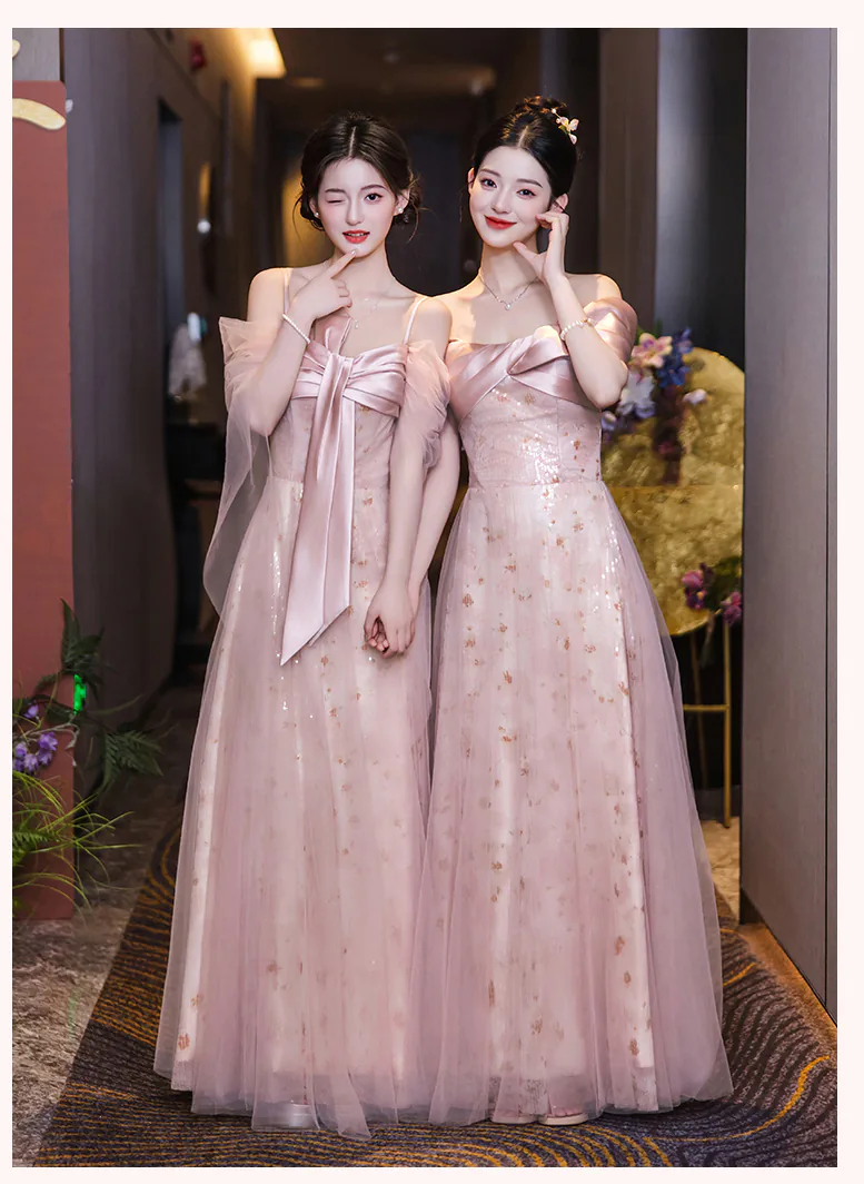 Dreamy A Line Blush Pink Tulle Glitter Bridesmaid Dress Wedding Party Gown20