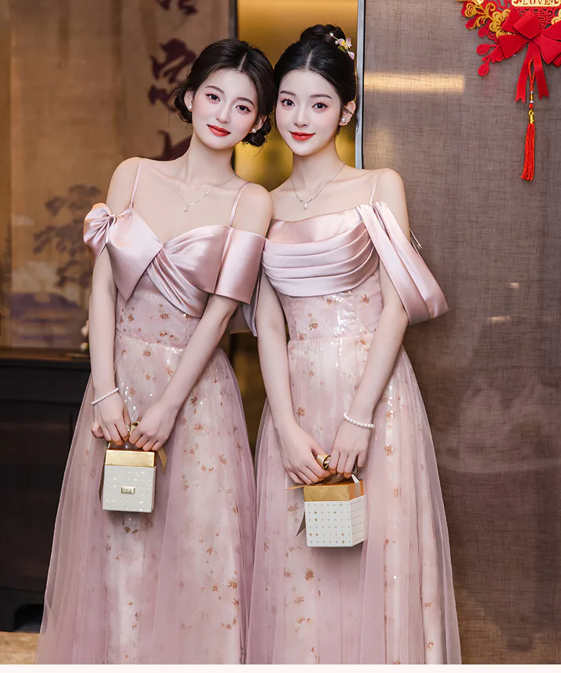 Dreamy A Line Blush Pink Tulle Glitter Bridesmaid Dress Wedding Party Gown23
