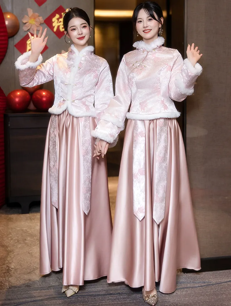 Elegant Chinese Style Pink Long Sleeve Fall Winter Warm Bridesmaid Dress -  FloraShe