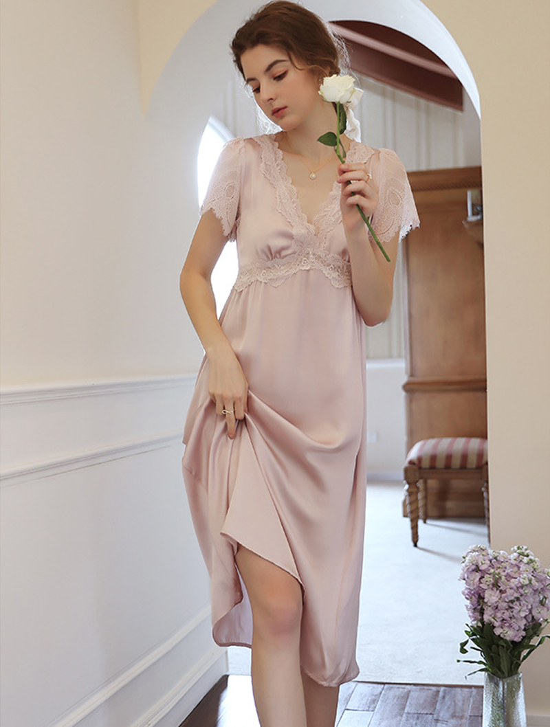 Elegant Lace V-Neck Embroidered Sleepwear Aesthetic Comfy Dress01