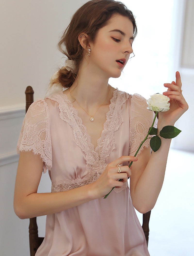 Elegant Lace V-Neck Embroidered Sleepwear Aesthetic Comfy Dress02