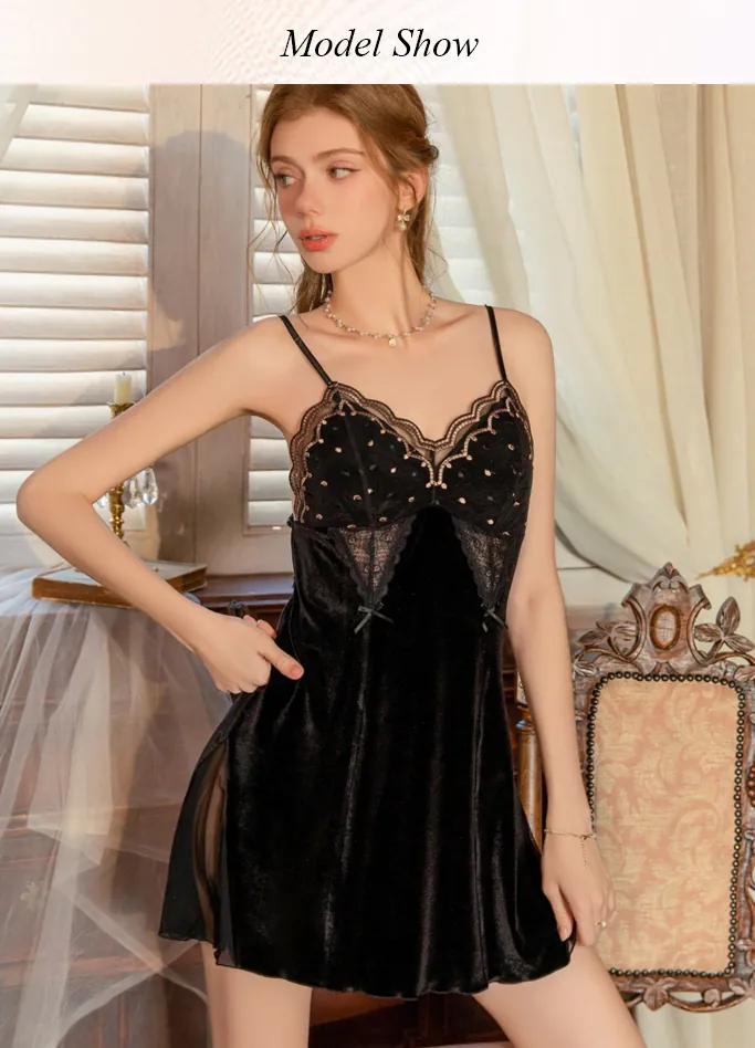 Embroidery-Velvet-Lace-Patchwork-Slip-Nightdress-Built-In-Bra-Sleepwear11