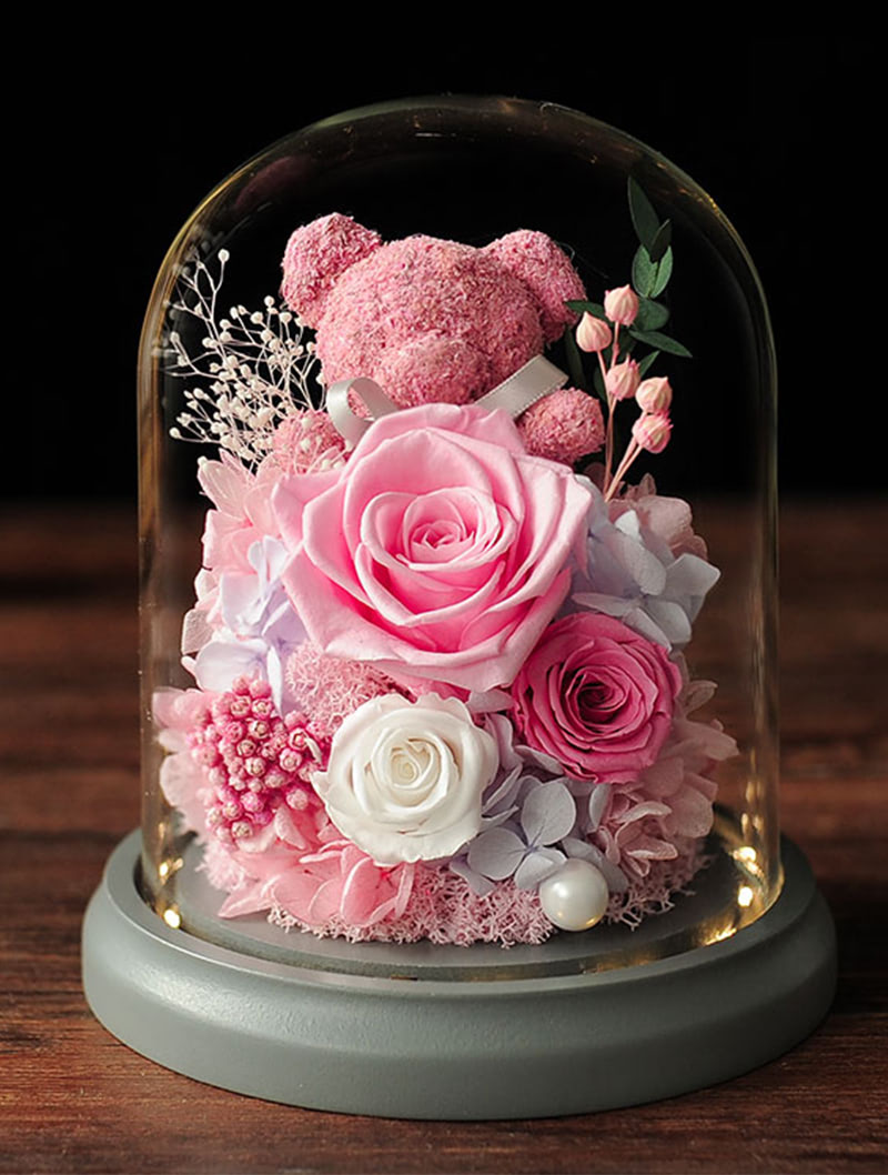 Eternal Flowers in Glass Dome with Moss Bear for Girlfriend Daughter01