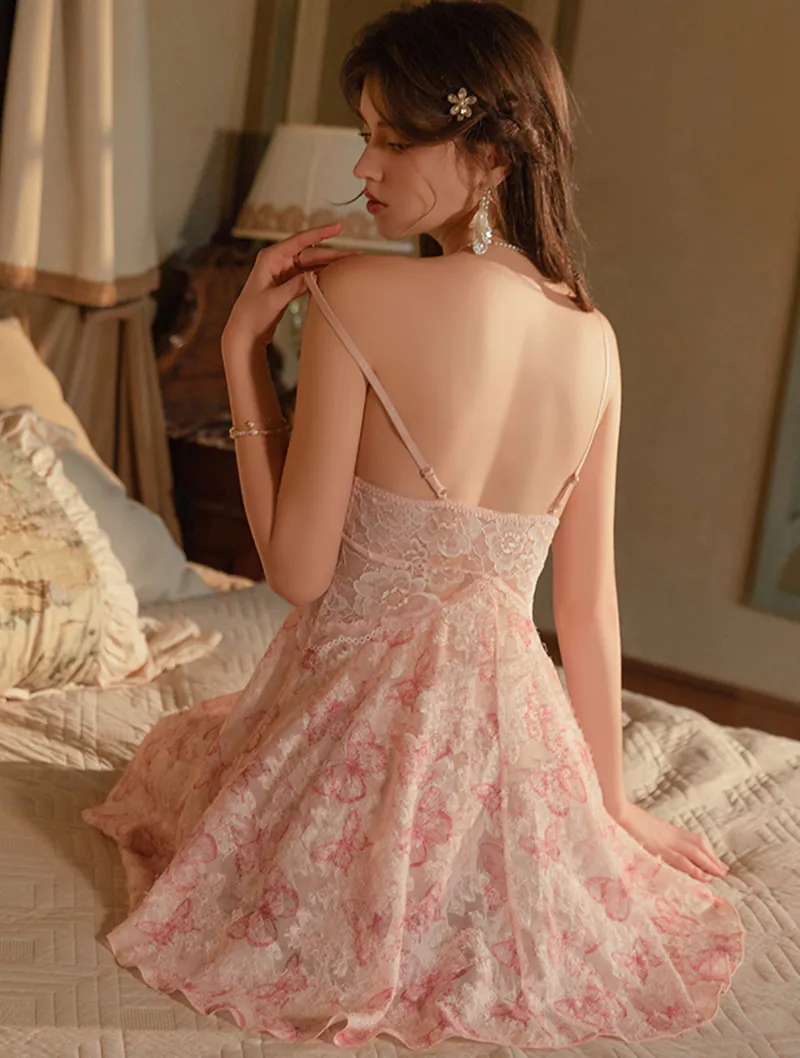 Ethereal V-Neck Butterfly Print Built-in Bra Sheer Lace Splice Nightgown06 Ethereal V Neck Butterfly Print Built in Bra Sheer Lace Splice Nightgown06