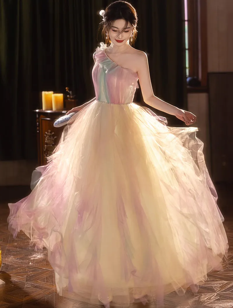 Fairy Pastel Gradient One-Shoulder Layered Tulle Wedding Cocktail Dress (Size: S)