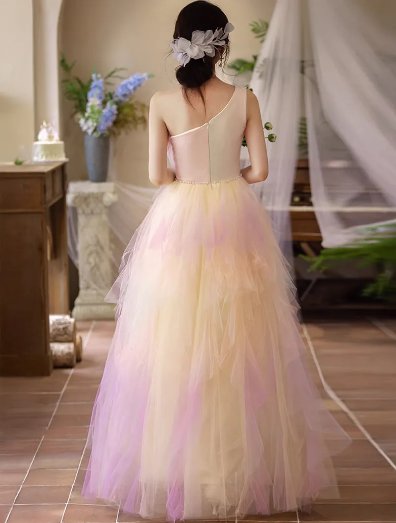 Fairy Pastel Gradient One-Shoulder Layered Tulle Wedding Cocktail Dress (Size: S)