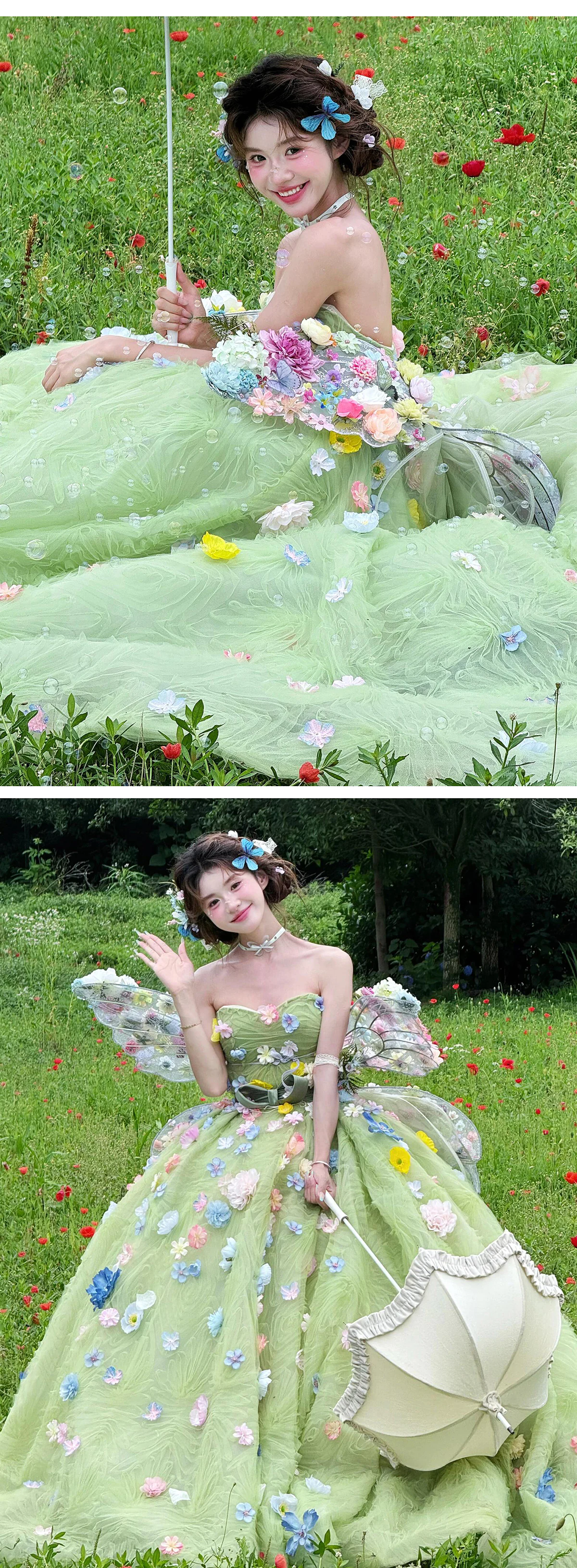 Fairycore Green 3D Floral Layered Tulle Garden Party Wedding Dress -  FloraShe