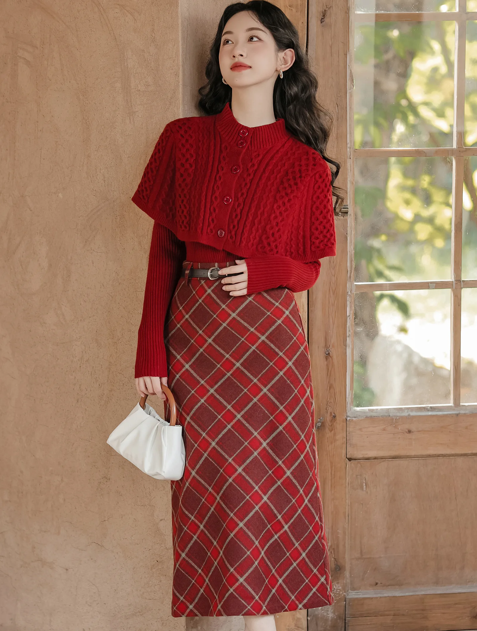 Fashion Ladies Plaid Skirt with Red Long Sleeve Sweater Casual Suit01