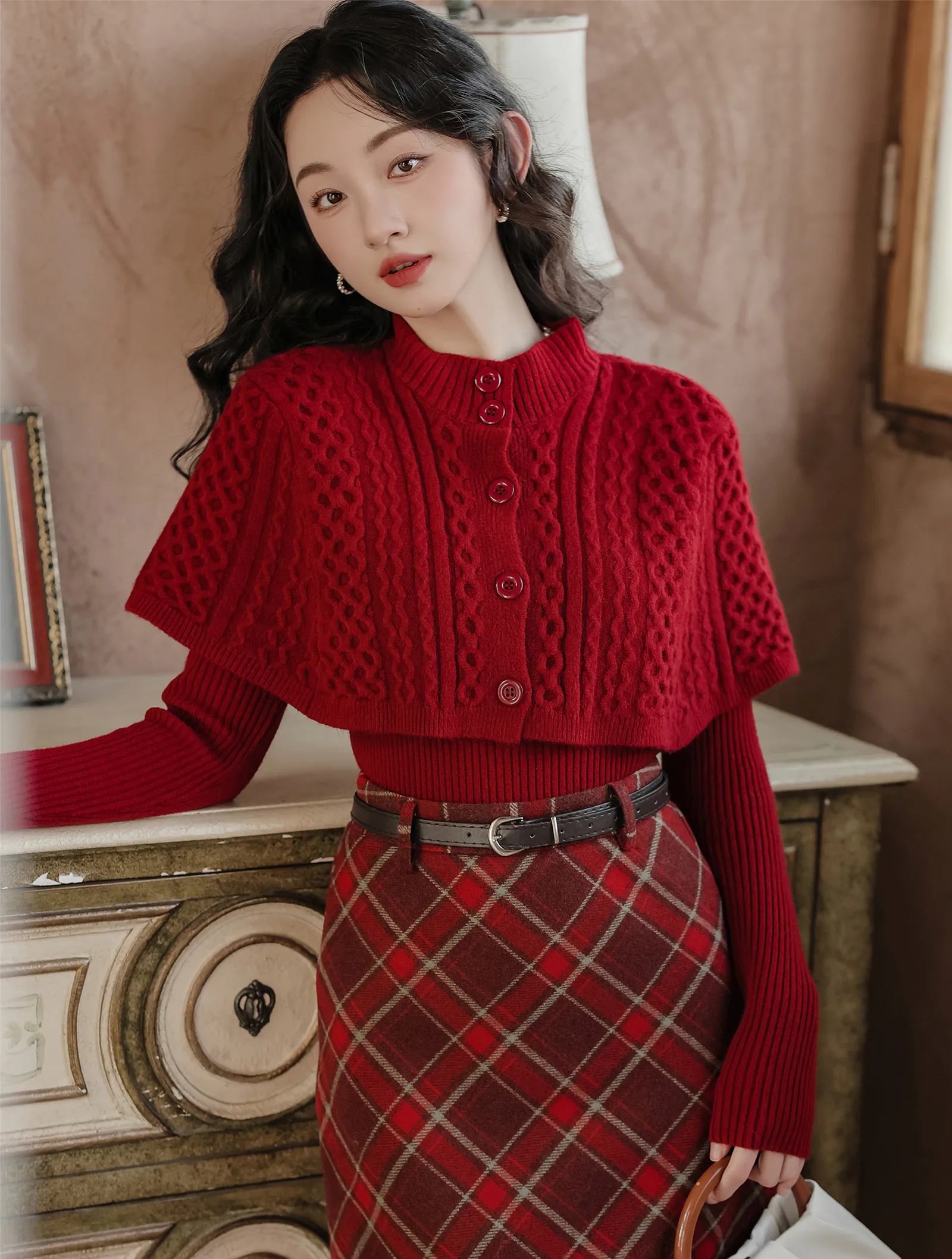Fashion Ladies Plaid Skirt with Red Long Sleeve Sweater Casual Suit02