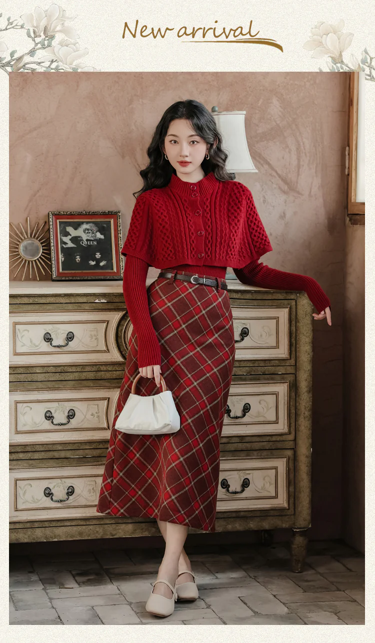 Fashion-Ladies-Plaid-Skirt-with-Red-Long-Sleeve-Sweater-Casual-Suit09