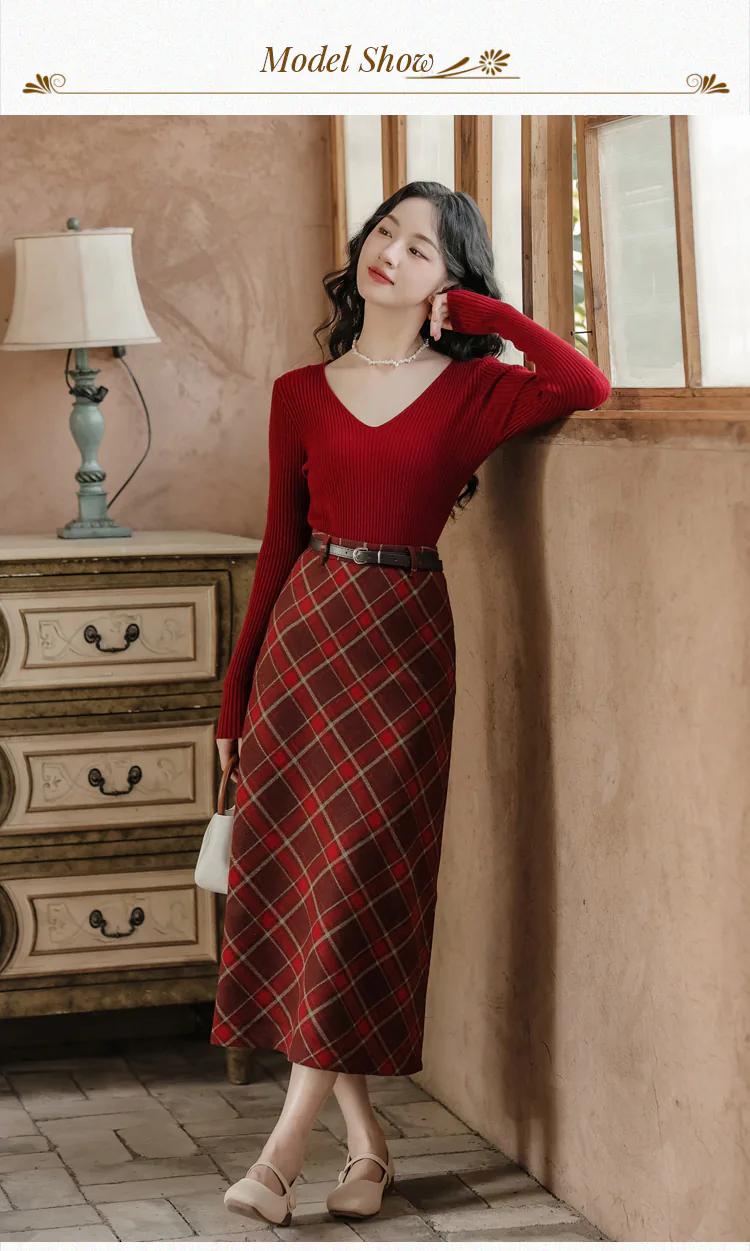 Fashion-Ladies-Plaid-Skirt-with-Red-Long-Sleeve-Sweater-Casual-Suit12