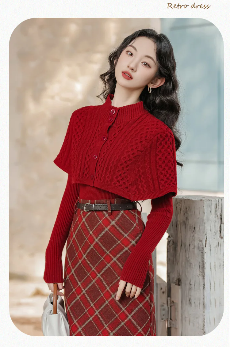 Fashion-Ladies-Plaid-Skirt-with-Red-Long-Sleeve-Sweater-Casual-Suit15