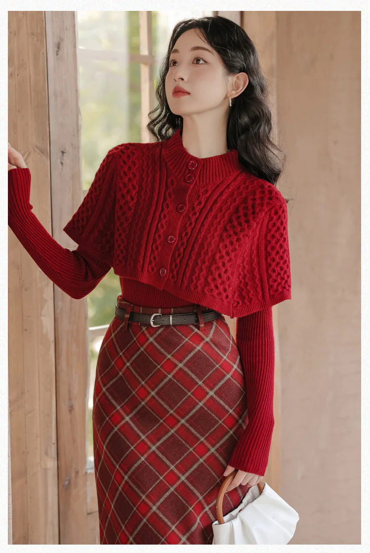 Fashion-Ladies-Plaid-Skirt-with-Red-Long-Sleeve-Sweater-Casual-Suit16