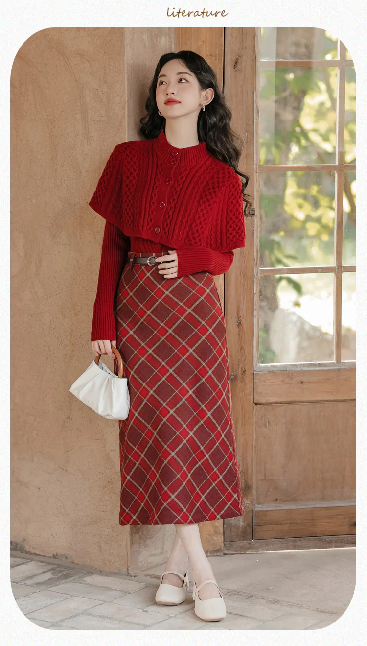 Fashion-Ladies-Plaid-Skirt-with-Red-Long-Sleeve-Sweater-Casual-Suit17