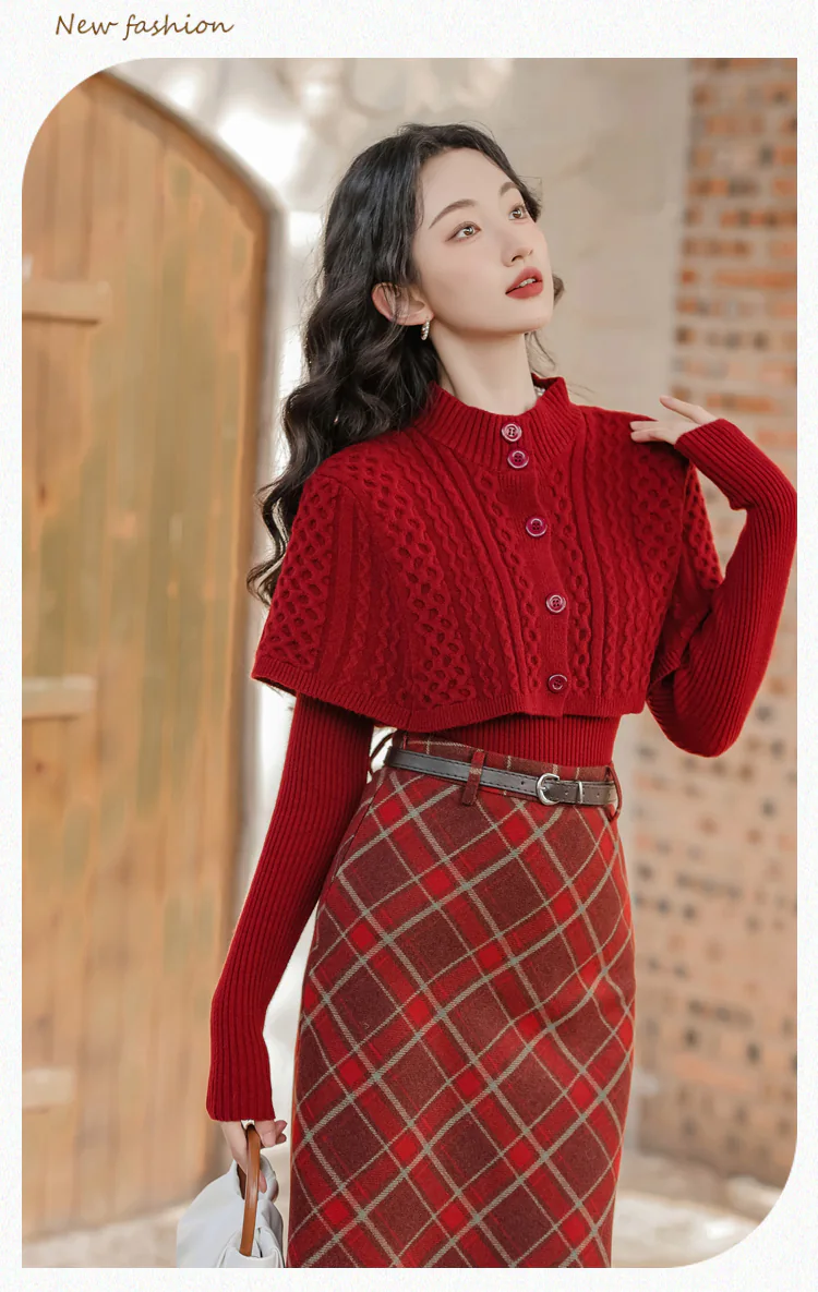 Fashion-Ladies-Plaid-Skirt-with-Red-Long-Sleeve-Sweater-Casual-Suit19
