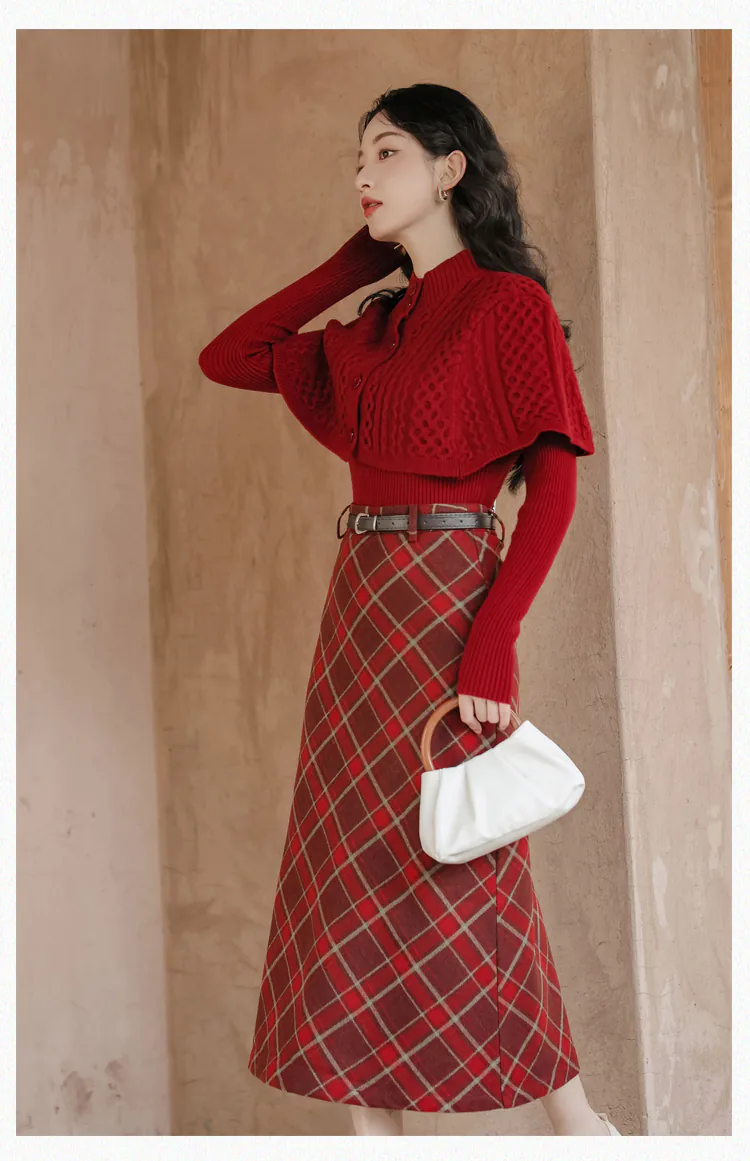 Fashion-Ladies-Plaid-Skirt-with-Red-Long-Sleeve-Sweater-Casual-Suit20