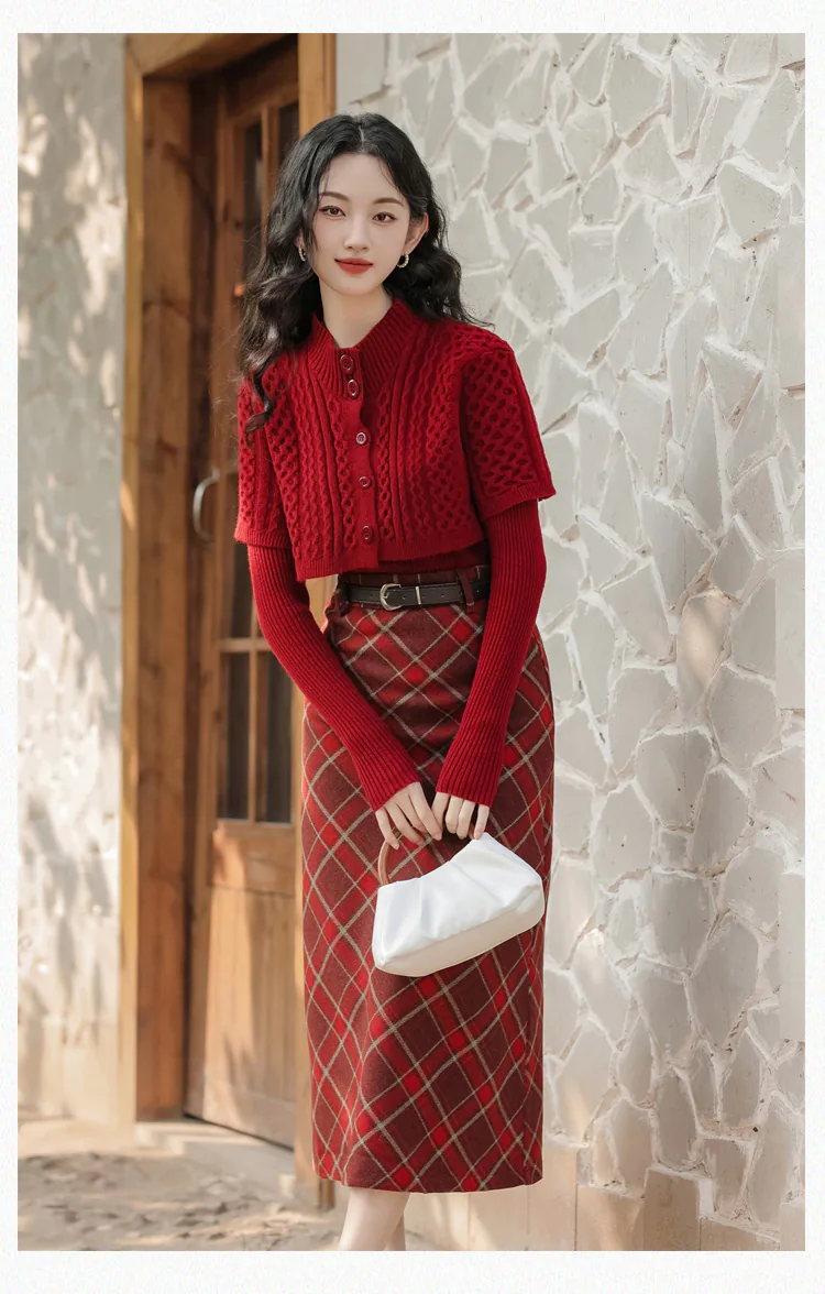 Fashion-Ladies-Plaid-Skirt-with-Red-Long-Sleeve-Sweater-Casual-Suit22