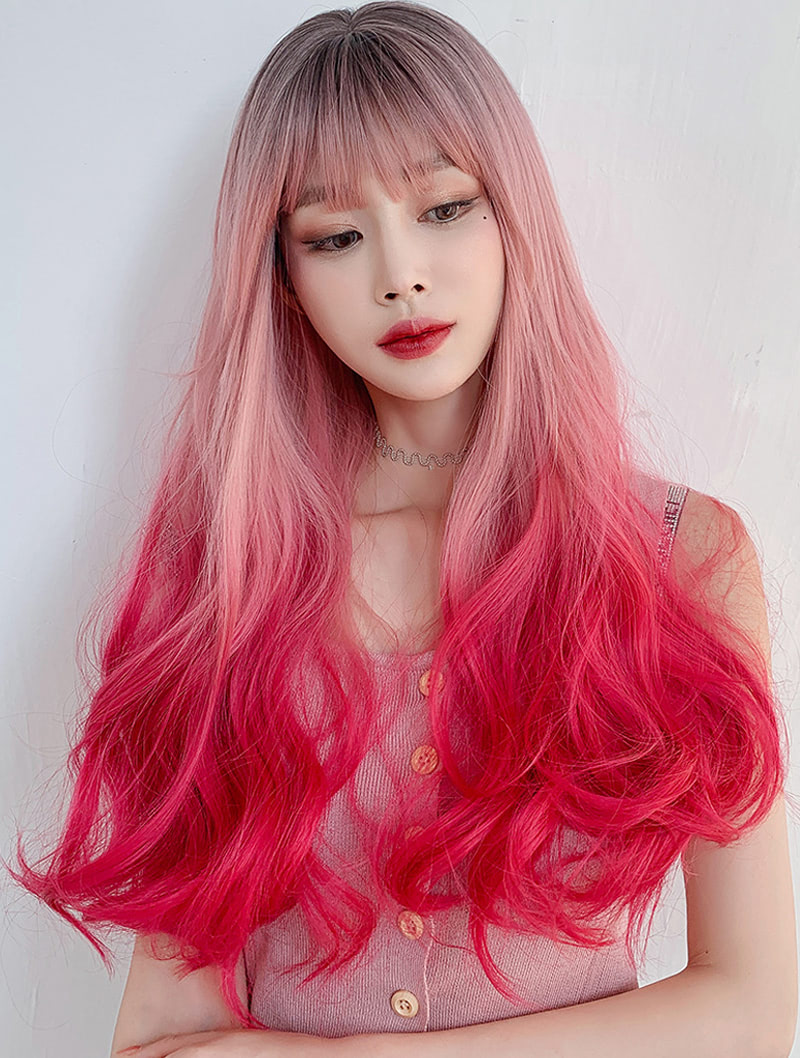Fashion Realistic Gradient Pink Wig for Party Cosplay with Bangs01
