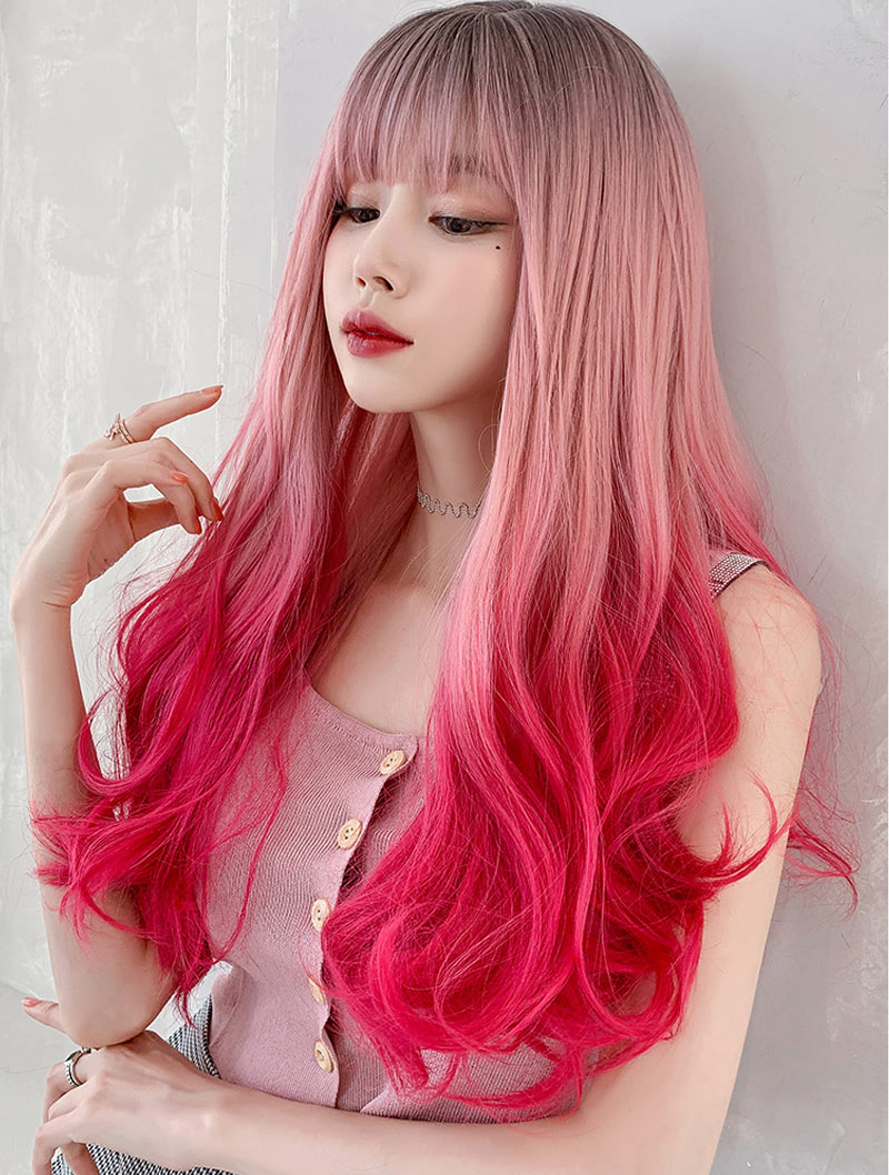 Fashion Realistic Gradient Pink Wig for Party Cosplay with Bangs02