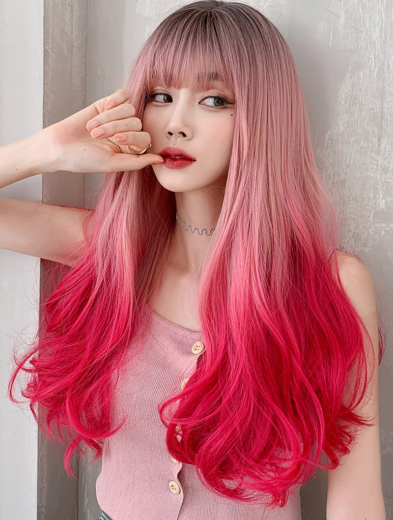 Fashion Realistic Gradient Pink Wig for Party Cosplay with Bangs01