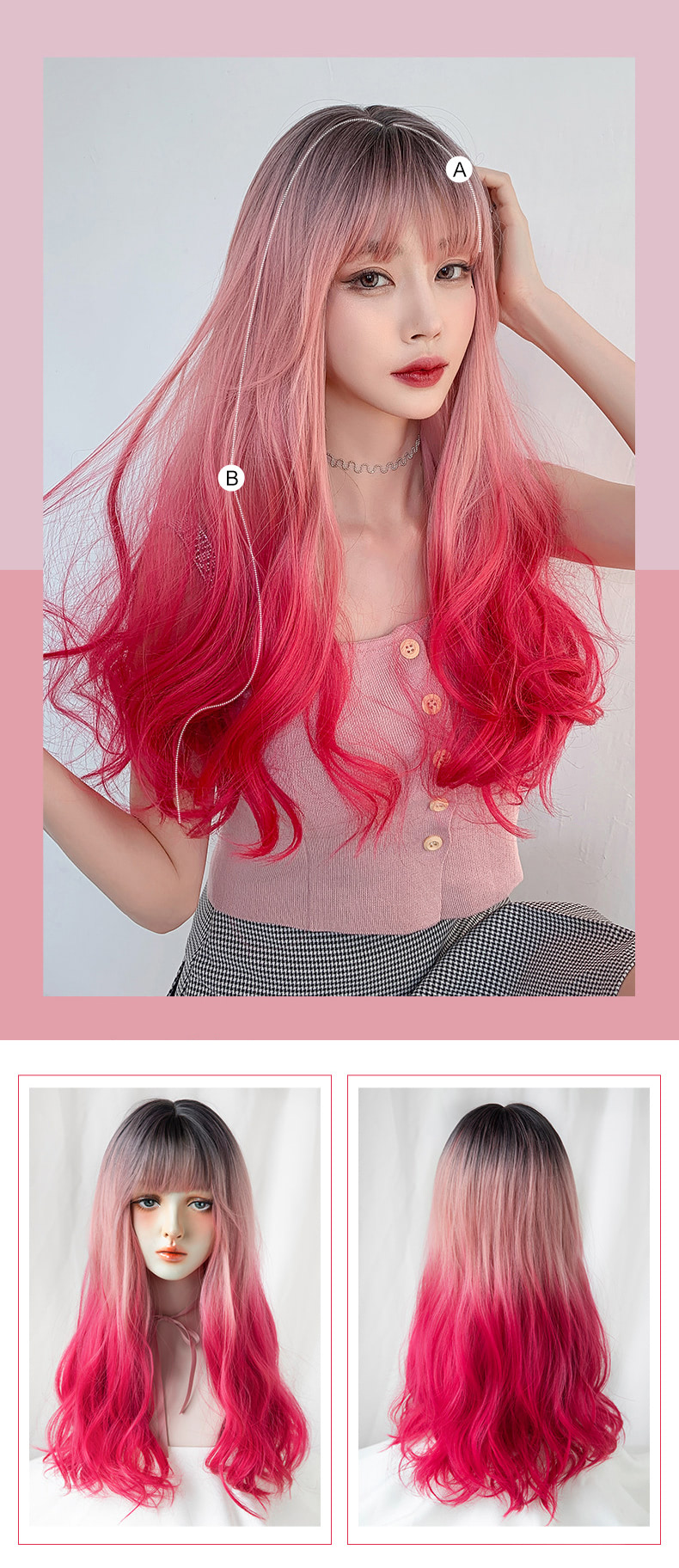 Fashion Realistic Gradient Pink Wig for Party Cosplay with Bangs09