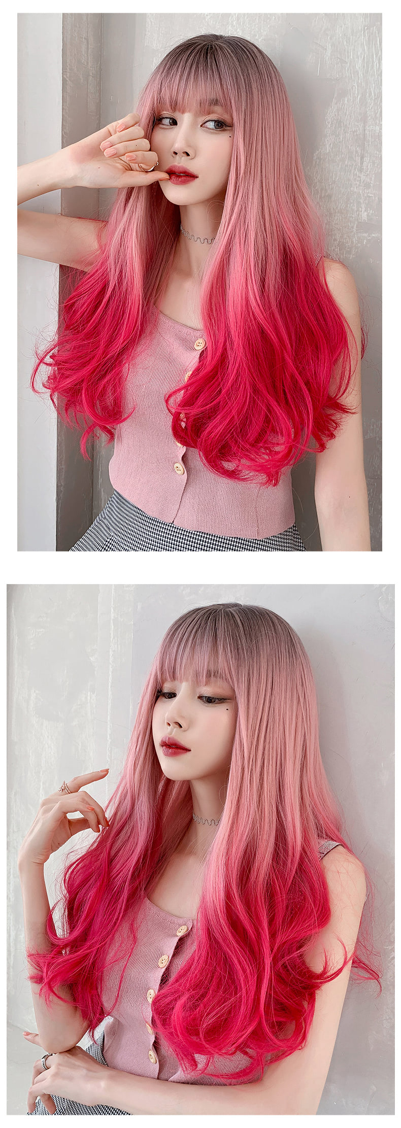 Fashion Realistic Gradient Pink Wig for Party Cosplay with Bangs10
