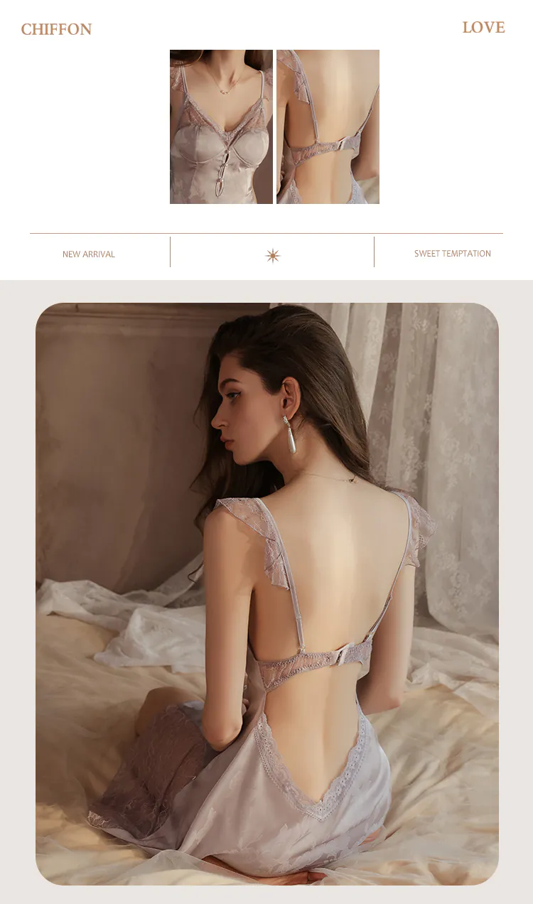 Feminine-Deep-V-Backless-Lace-Hem-Shaping-Bust-Support-Nightdress11
