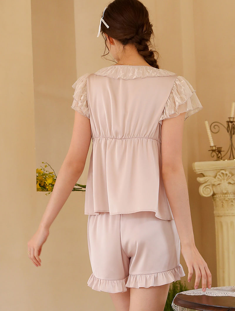 Lace Satin Sleepwear Home Clothes Loungewear Pajama with Shorts05