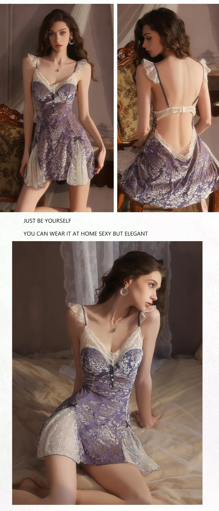 4pcs Romantic Lace Patchwork Ruffle Hemline Sexy Nightgown Set