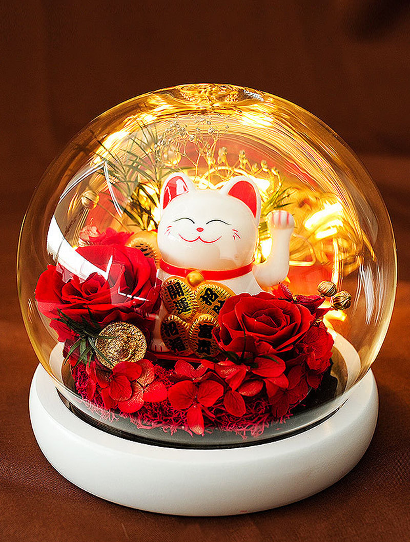 Preserved Flowers in Glass Dome Creative Gift with Fortune Cat01