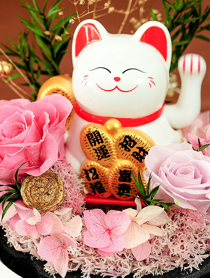 Preserved Flowers in Glass Dome Creative Gift with Fortune Cat02