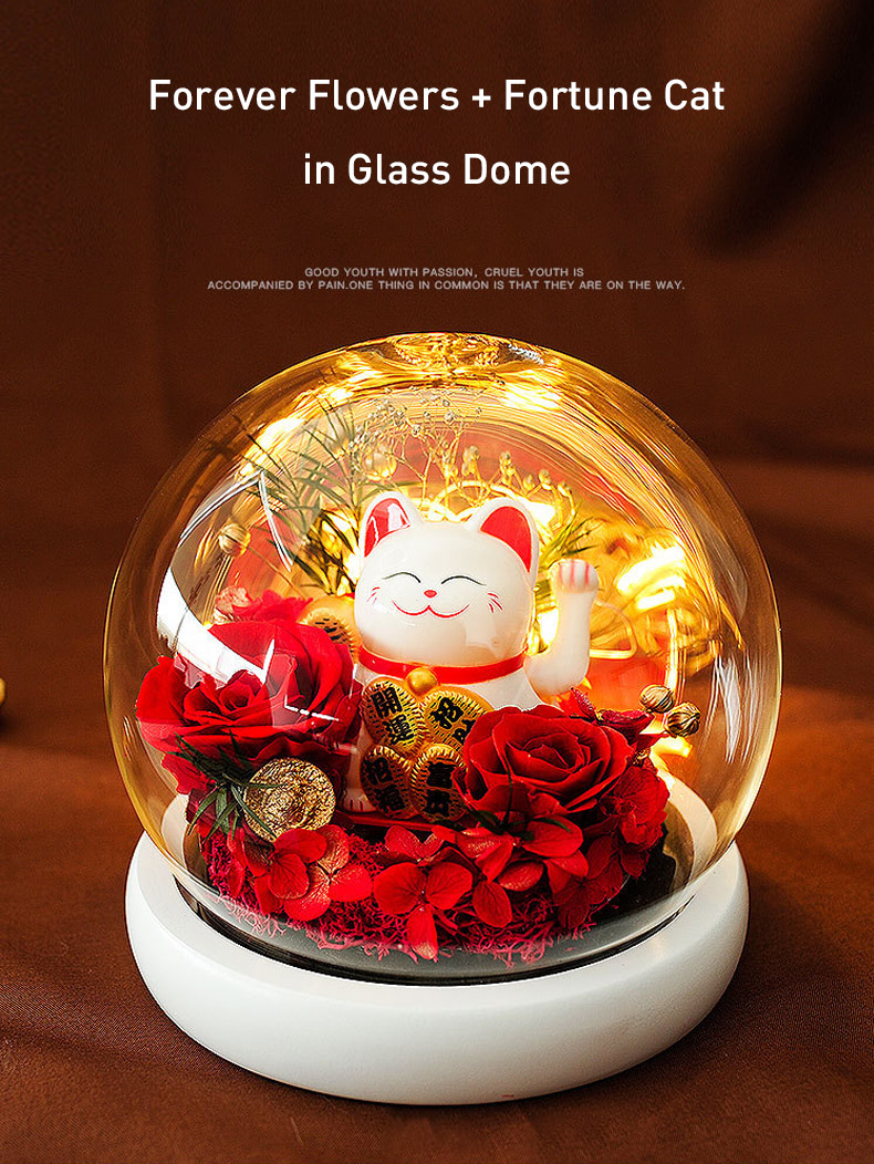Preserved Flowers in Glass Dome Creative Gift with Fortune Cat08