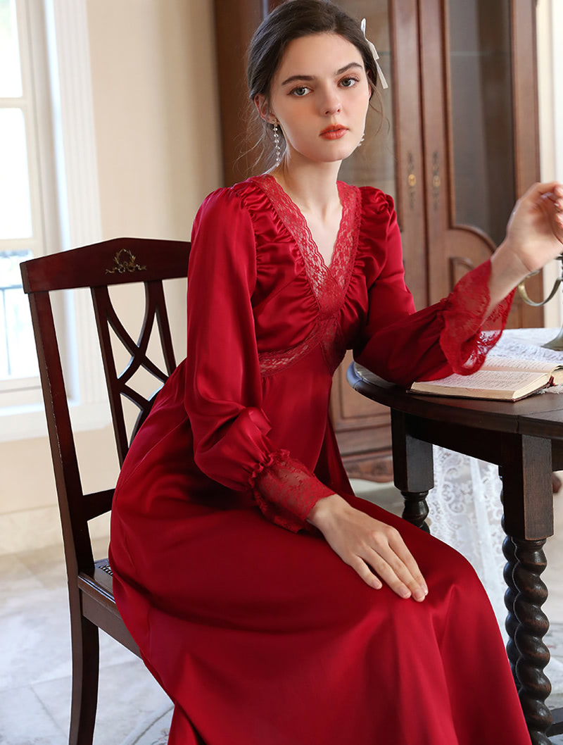 Red Satin Sleepwear V-neck Home Casual Wear Long Robe01