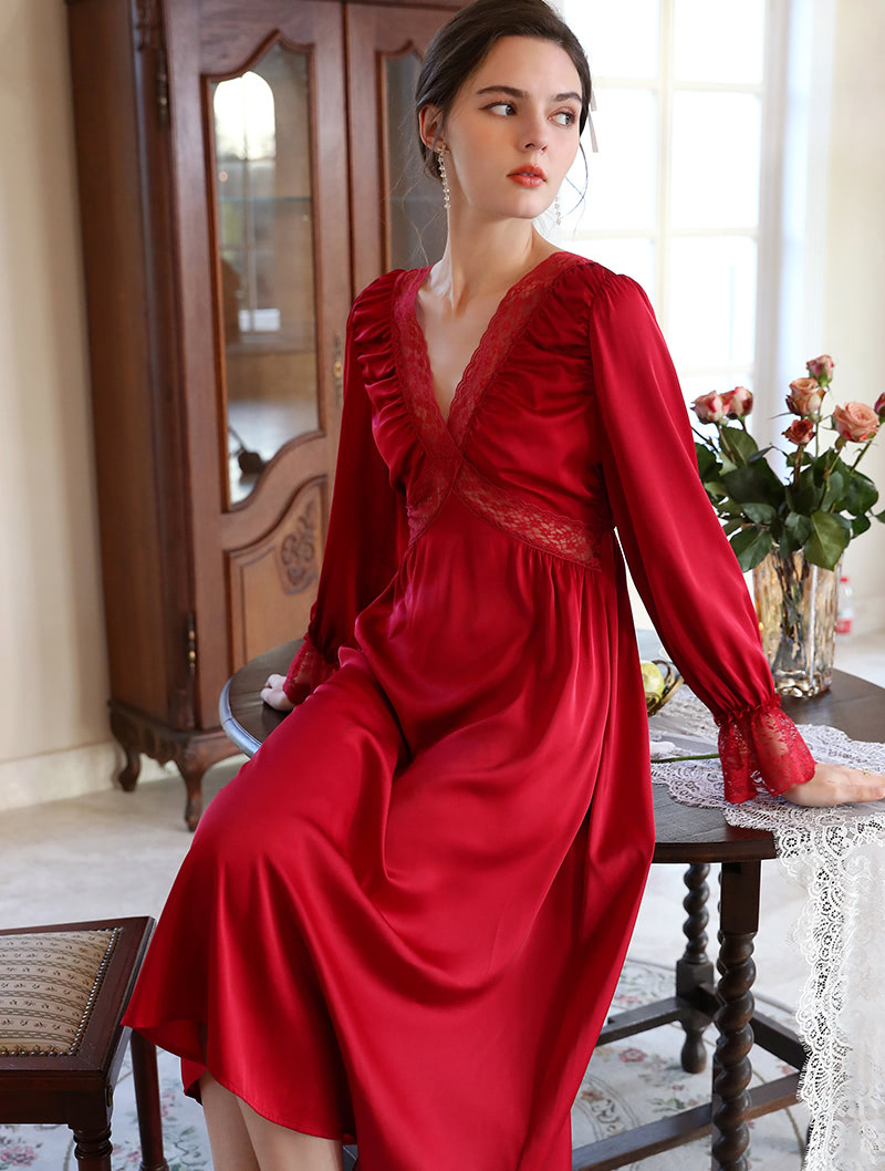 Red Satin Sleepwear V-neck Home Casual Wear Long Robe03