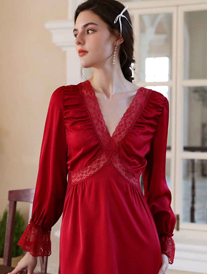 Red Satin Sleepwear V-neck Home Casual Wear Long Robe05