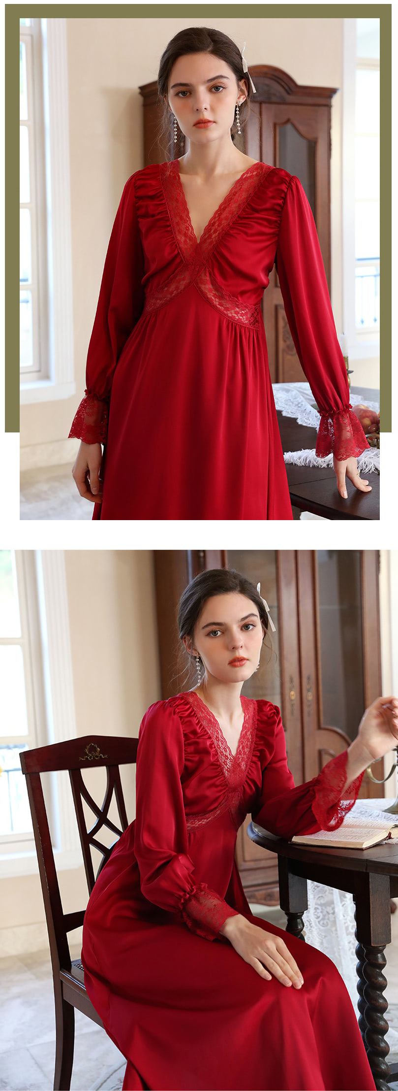 Red Satin Sleepwear V neck Home Casual Wear Long Robe07