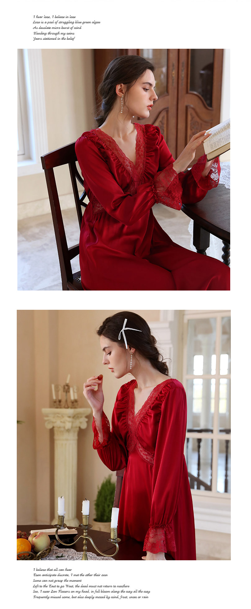 Red Satin Sleepwear V neck Home Casual Wear Long Robe08