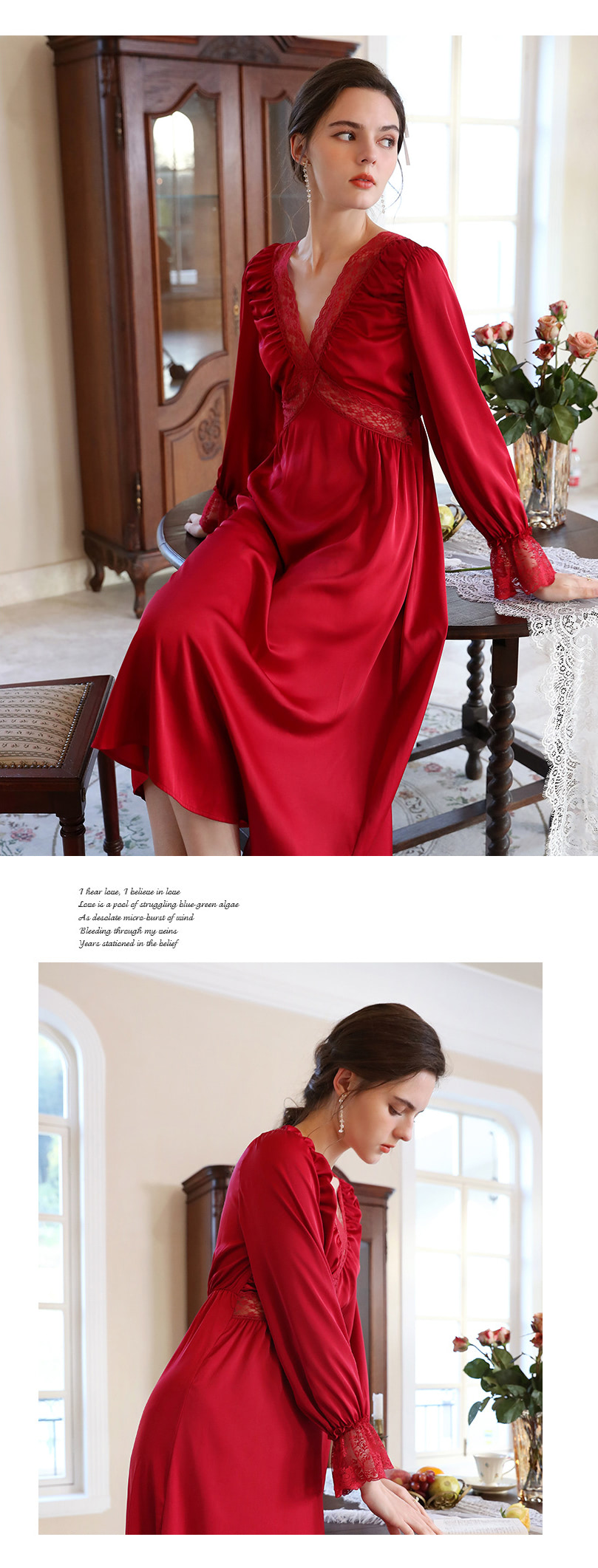 Red Satin Sleepwear V neck Home Casual Wear Long Robe09