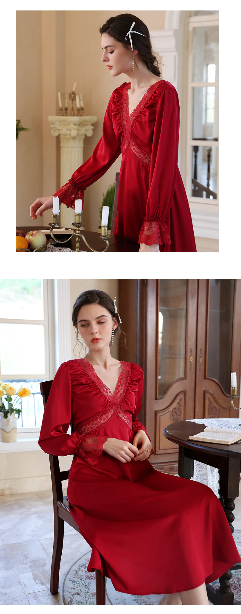 Red Satin Sleepwear V neck Home Casual Wear Long Robe10
