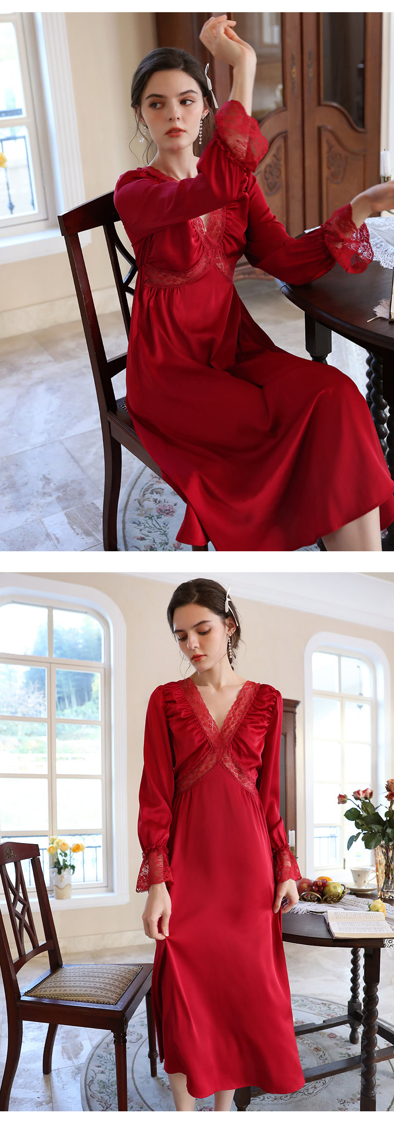 Red Satin Sleepwear V neck Home Casual Wear Long Robe11
