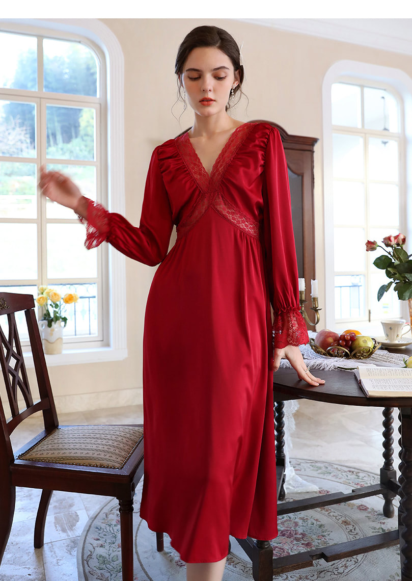 Red Satin Sleepwear V neck Home Casual Wear Long Robe12